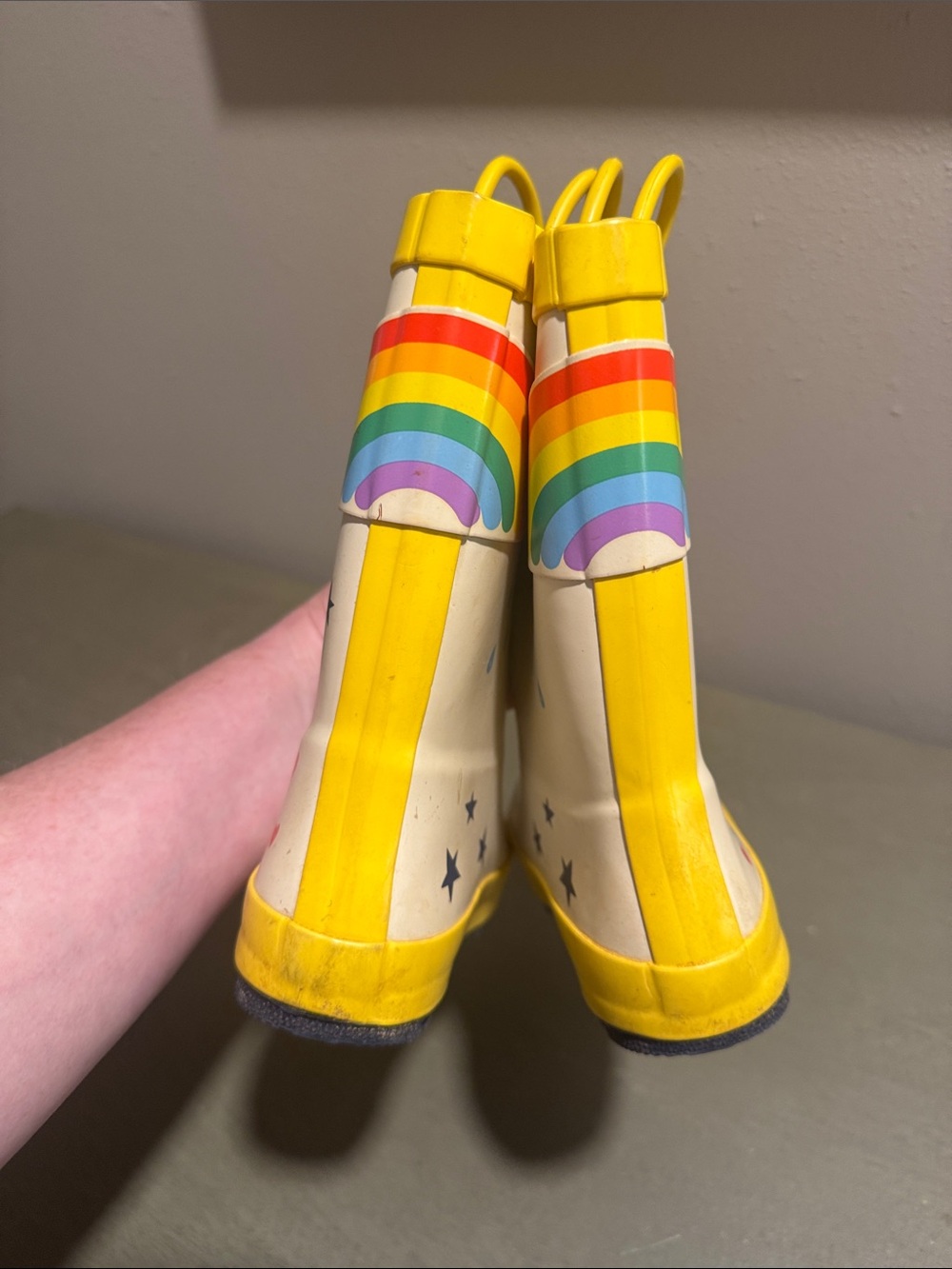 Cat & Jack Kids Yellow & White Rain Boots with Sun and Rainbow Graphics size 12 - Picture 5 of 7